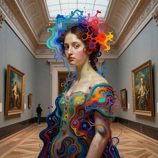 Photograph of a woman with a surreal, colorful, abstract head and dress in an art gallery with paintings on the walls.