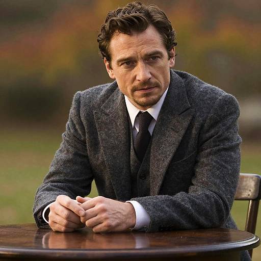 Photograph of a handsome, middle-aged man with wavy brown hair, wearing a dark gray tweed suit, white shirt, and black tie,