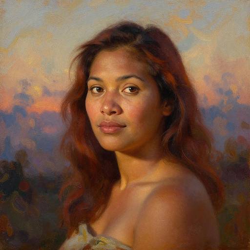 Digital painting of a young woman with medium brown skin, long wavy auburn hair, and brown eyes, against a sunset sky. She wears