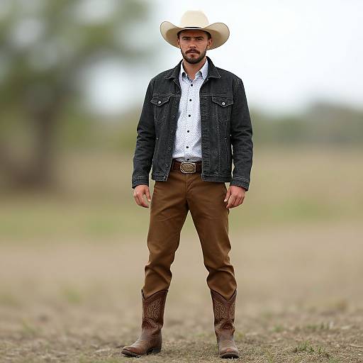 Photograph of a bearded man in a cowboy hat, black denim jacket, white shirt, brown pants, and brown boots, standing in a blurred