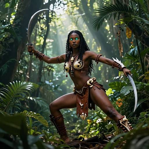 Digital artwork of a fierce, dark-skinned, tribal warrior woman with dreadlocks, green eyes, and gold jewelry, wielding curved knives in a dense