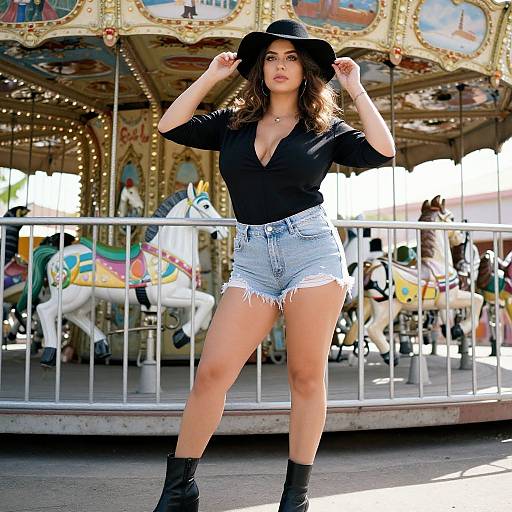 Photograph of a confident woman with wavy dark hair, wearing a black hat, deep V-neck black blouse, and high-waisted denim shorts