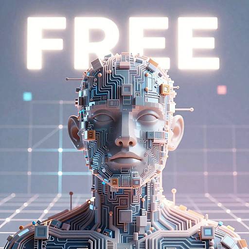 CGI digital artwork of a human-like robot with a face covered in intricate circuitry, set against a glowing grid background. Bright white lightboxes illuminate