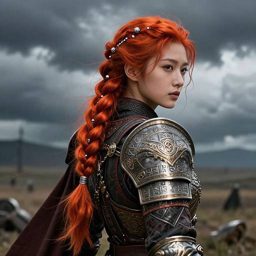 Digital artwork of a red-haired woman in ornate medieval armor with a braided ponytail, set against a stormy, cloudy landscape.