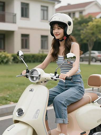 Carefree Woman Riding Pastel Vintage Scooter