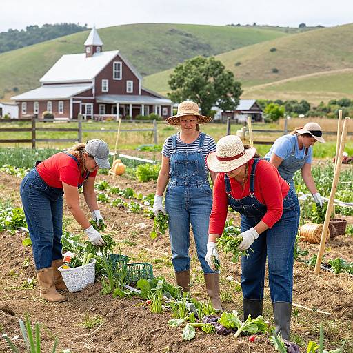 Photograph of three women in denim overalls, red shirts, and straw hats, planting vegetables in a lush, hilly farm field with a red