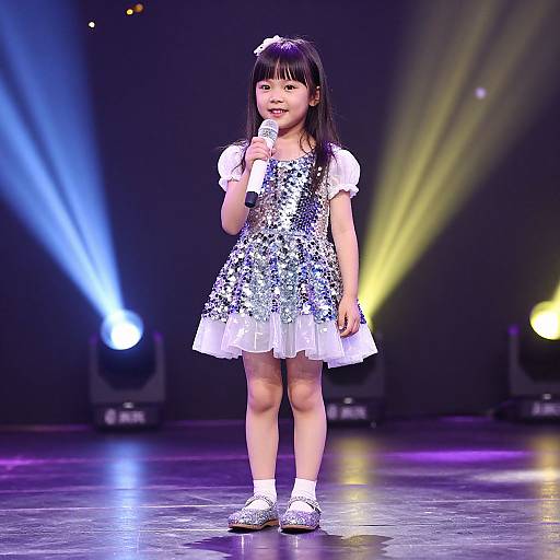 Photograph of a young Asian girl with straight black hair, wearing a sequined silver and white dress, holding a microphone, standing on stage with colorful