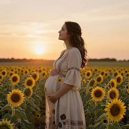 Pregnant woman in a white embroidered dress stands in a sunflower field at sunset, hands on belly, smiling in profile. Photograph.