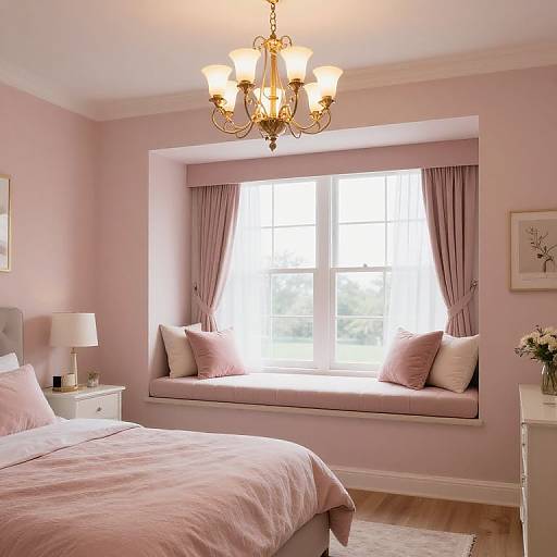 Photograph of a pastel pink bedroom with a chandelier, window seat with cushions, and matching bedding and curtains, under soft natural light.