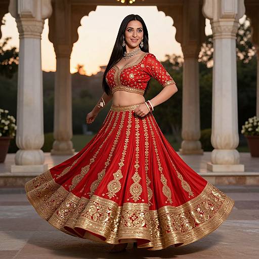 Photograph of a smiling Indian woman with long black hair, wearing a red and gold traditional lehenga choli, standing in a sunset-lit courtyard