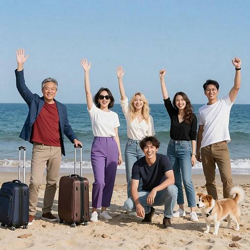 Group of Friends Waving on Beach with Luggage and Dog