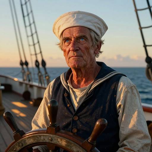 Photograph of a weathered elderly sailor with blue eyes, white cap, navy vest, and white shirt, gripping a ship's wheel at sunset on