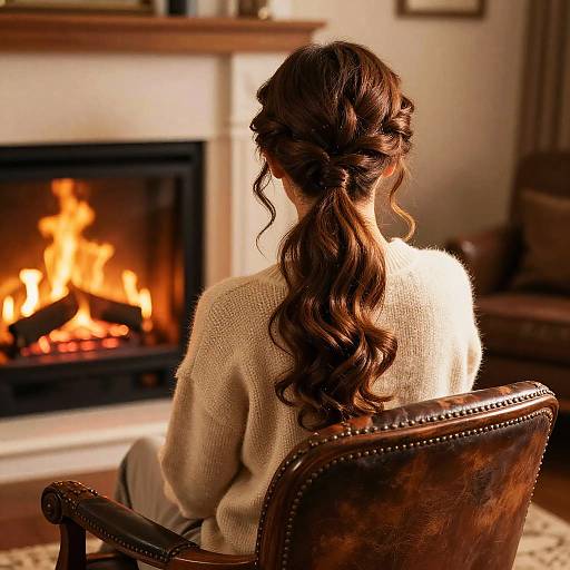 Photograph of a woman with long, wavy brown hair in a braided bun, wearing a beige sweater, sitting in a leather chair facing a