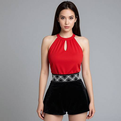 Photograph of an Asian woman with long black hair, wearing a red halter top with keyhole, black high-waisted shorts with geometric belt