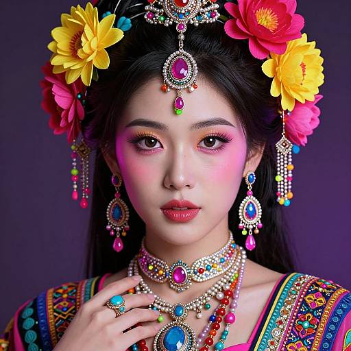 Photorealistic digital portrait of an Asian woman with black hair adorned in vibrant yellow, red, and pink flowers, wearing elaborate colorful jewelry and traditional embroidered
