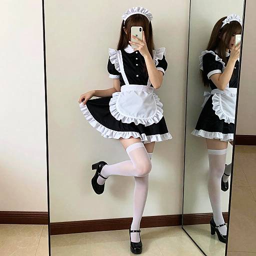 Photograph of a woman in a black and white French maid outfit, white thigh-high stockings, black Mary Jane shoes, posing in front of a mirror