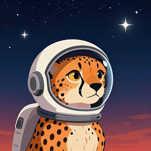 Digital illustration of a cheetah in a white astronaut helmet, gazing into a starry night sky with a red-orange horizon.