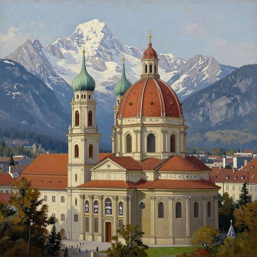 Photorealistic painting of a European cathedral with red domes and green spires, set against snow-capped mountains and a clear blue sky.