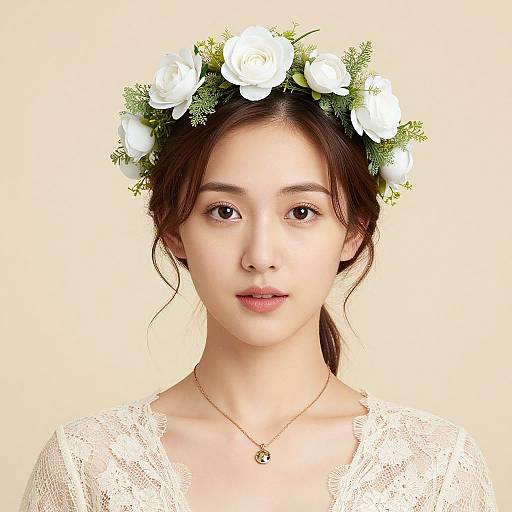 Photograph of an East Asian woman with fair skin, brown hair in a ponytail, wearing a white lace dress and a white flower crown, against