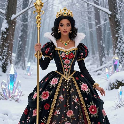 Digital illustration of a dark-haired queen with a golden crown, floral black gown, gold staff, and green necklace, standing in a snowy forest with glowing