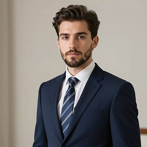 Photograph of a handsome, dark-haired man with a trimmed beard, wearing a dark blue pinstripe suit, white shirt, and navy blue striped