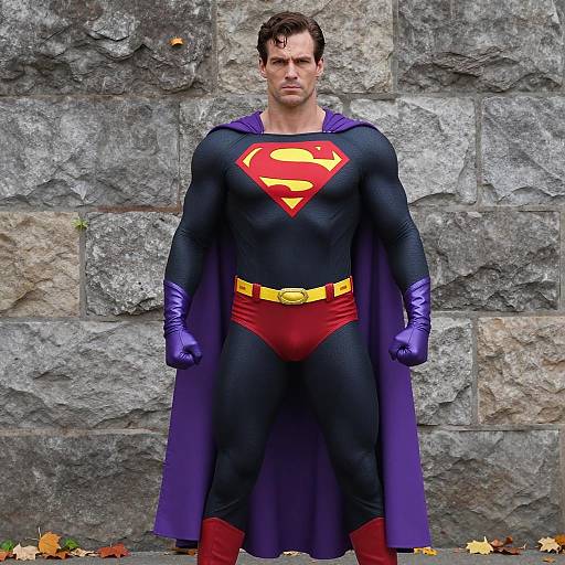 Male Superhero in Black Suit with Purple Cape