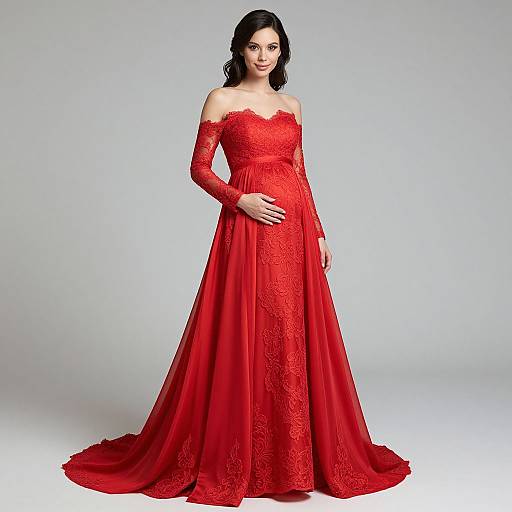 Photograph of a pregnant woman with fair skin and black hair, wearing an off-the-shoulder, long-sleeved, red lace gown,