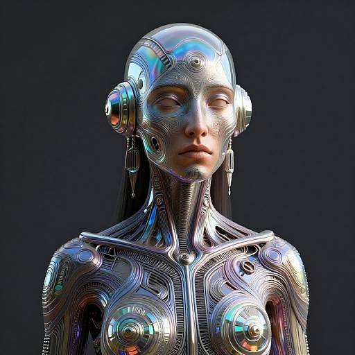 Digital CGI of a futuristic, metallic humanoid woman with glowing blue and purple accents, intricate circuitry patterns, and sleek, robotic features against a dark background