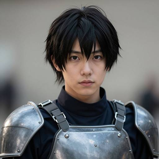 Digital photograph of an East Asian man with black, messy hair, wearing shiny silver armor over a black turtleneck, with a neutral expression, blurred