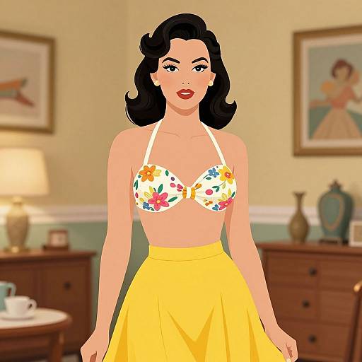 Digital illustration of a fair-skinned woman with black wavy hair, wearing a floral bra and yellow skirt, standing in a warmly lit, vintage-style