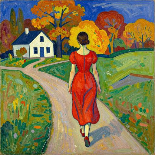 Painting of a woman in a red dress walking down a winding path towards a white house, surrounded by vibrant autumn trees.