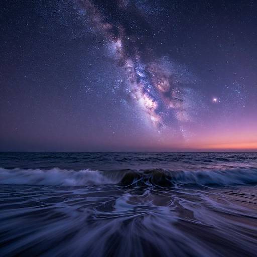 Photograph of a nighttime ocean scene with the Milky Way galaxy prominently visible in the starry sky, waves gently crashing in the foreground.
