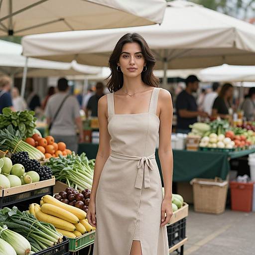 Photograph of a young woman with dark hair in a sleeveless, beige apron dress, standing in a vibrant outdoor market, surrounded by colorful fresh