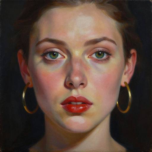 Digital painting of a fair-skinned woman with green eyes, red lips, and gold hoop earrings, set against a dark background.