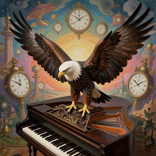 Digital artwork of an eagle with outstretched wings standing on a grand piano, surrounded by clocks and surreal, colorful background.