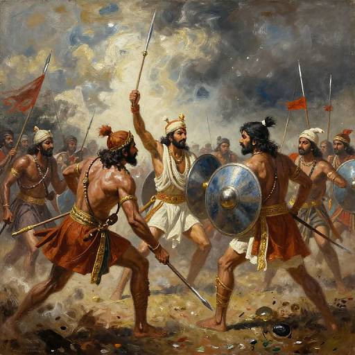 Dramatic oil painting of ancient warriors in a fierce battle, with one central figure raising a sword and another holding a shield. Smoky, chaotic