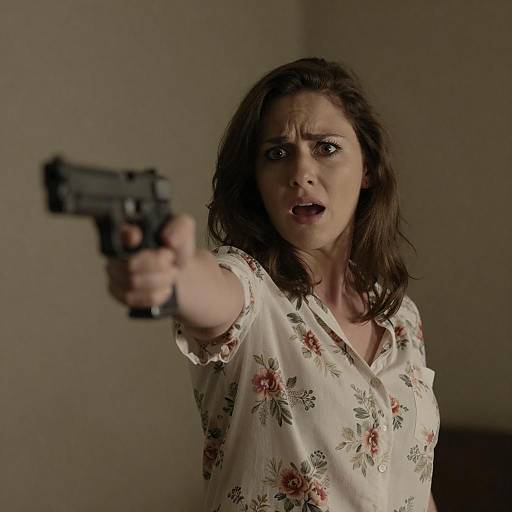 Terrified Woman with Handgun in Dark Room