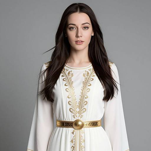 Elegant Woman in Gold-Embroidered Dress