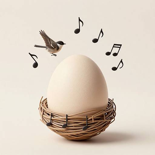 Photograph of a small bird in mid-flight above a large white egg in a woven basket, with black musical notes surrounding it.