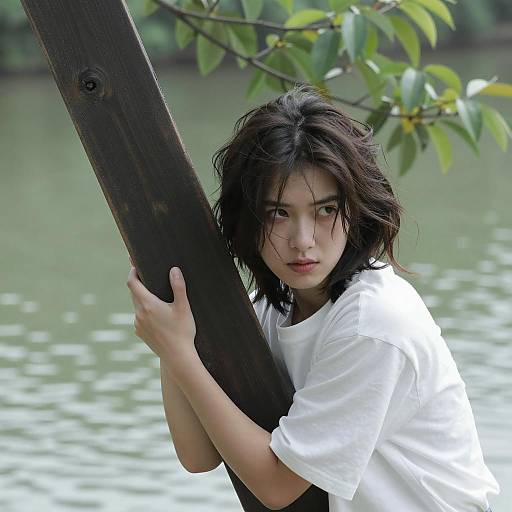 Young Woman Holding Wooden Plank by Lake