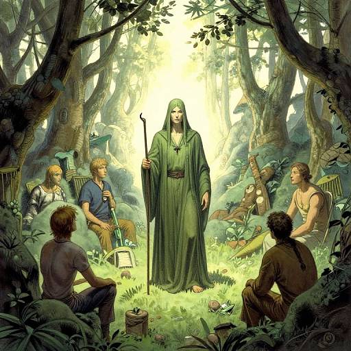 Digital fantasy artwork: Enigmatic green-robed figure with staff stands center in sunlit forest, surrounded by six casually dressed, seated men.