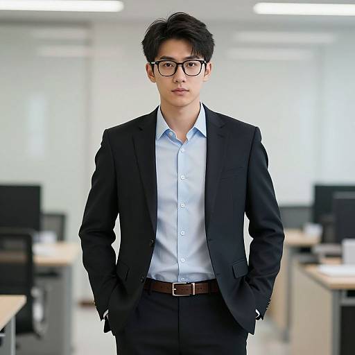 Photograph of a young Asian man with black hair, glasses, wearing a black suit, light blue shirt, and brown belt, standing in a bright