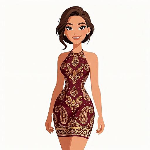 Digital illustration of a smiling woman with short brown hair, wearing a sleeveless, form-fitting maroon dress with intricate gold patterns, standing against a