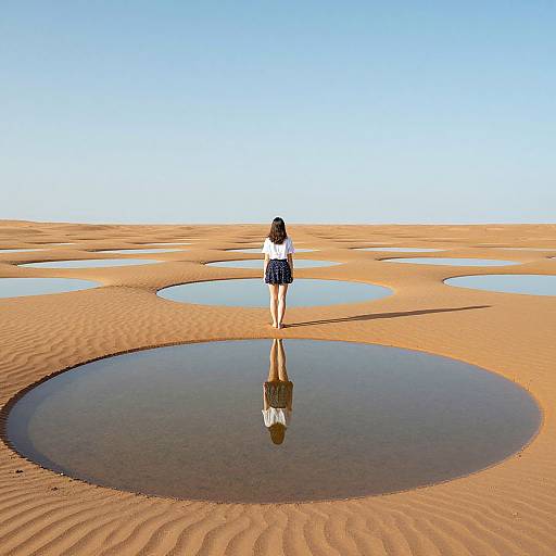 Photograph of a woman with long brown hair, wearing a white top and blue skirt, standing in a vast, sandy desert with circular water puddles