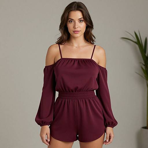 Photograph of a young woman with fair skin and dark brown hair wearing an off-shoulder, burgundy romper with long sleeves, standing against