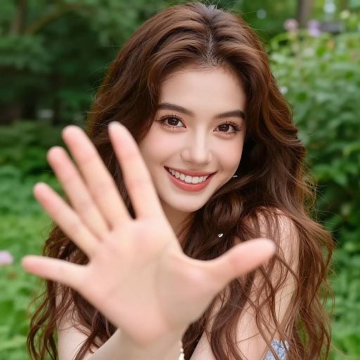 Photograph of a smiling young woman with long brown wavy hair, fair skin, and brown eyes, extending her hand towards the camera, set against