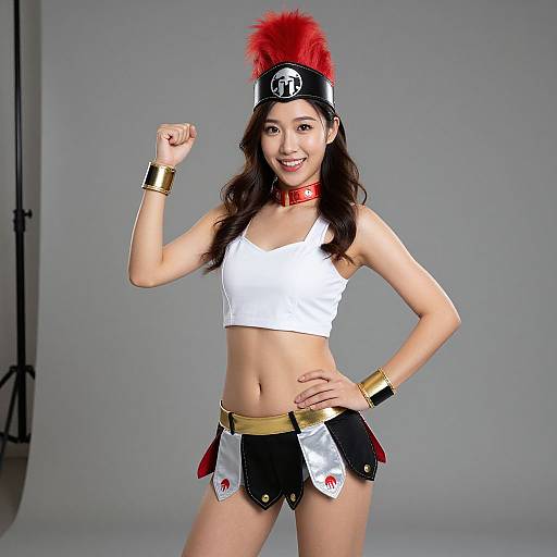 Photograph of a smiling Asian woman in a white crop top, black-and-white mini skirt, red collar, gold bracelets, and red-and-black head