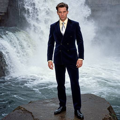 Photograph of a serious, dark-haired man in a black suit and white tie, standing on a rock in front of a powerful, white-water waterfall