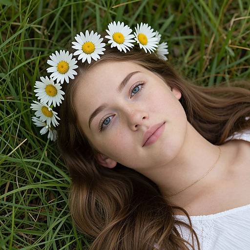 Photograph of a young woman with fair skin, blue eyes, and brown hair, lying in grass wearing a daisy crown and white dress.