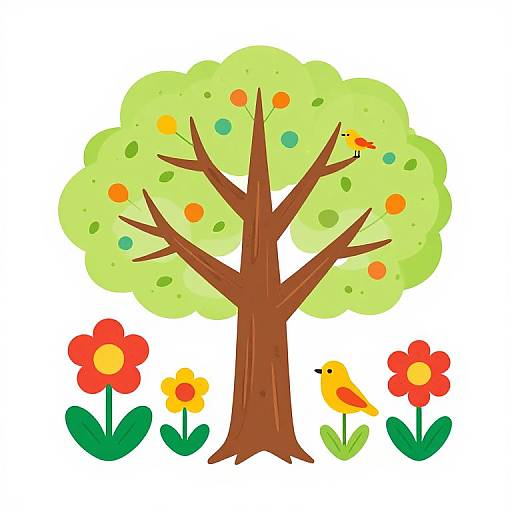 Cartoon-style digital drawing of a bright green tree with colorful polka dots, brown trunk, and red/orange/yellow flowers with green leaves,